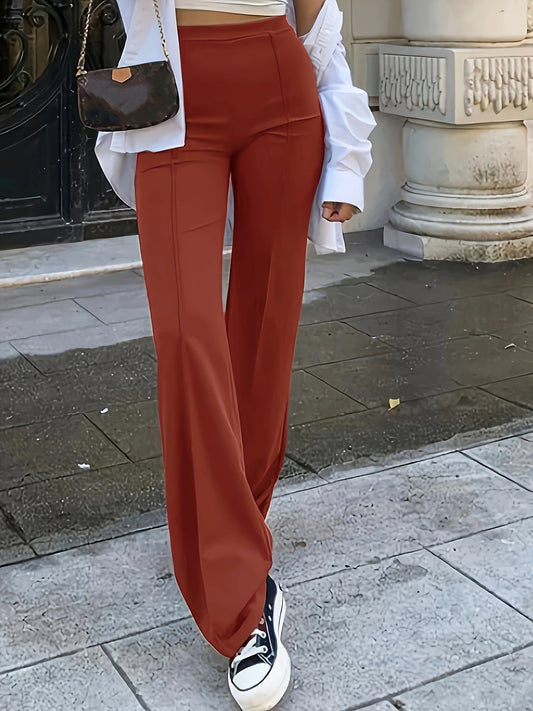 Sixsr Solid High Waist Elastic Long Length Pants, Slim Stylish Elegant Flare Leg Pants, Women's Clothing