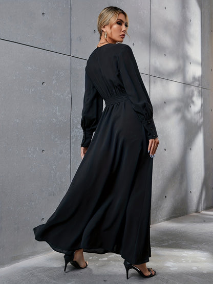 Sixsr Solid Simple Dress, Elegant Crew Neck Long Sleeve Maxi Dress, Women's Clothing