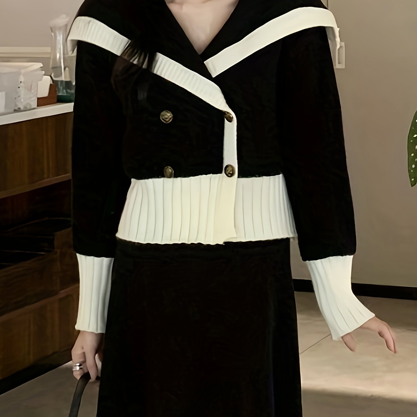 Sixsr Color Block Double Breasted Knit Cardigan, Casual Collared Long Sleeve Thick Sweater, Women's Clothing