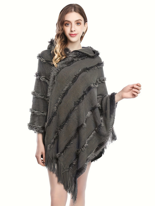 Sixsr Tassel Shawl Hooded Shawl Sweater, Vintage Solid Asymmetrical Hem Poncho Sweater, Women's Clothing