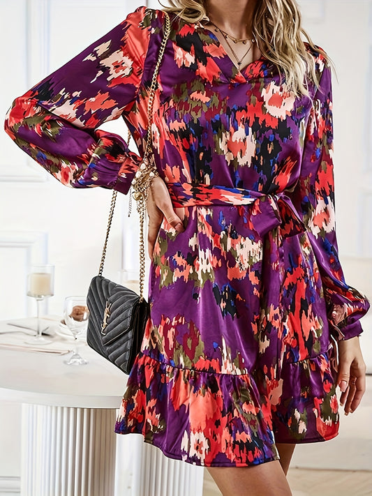 Sixsr Allover Print Long Sleeve Dress, Casual V Neck Tie-neck Ruffle Hem Dress, Women's Clothing