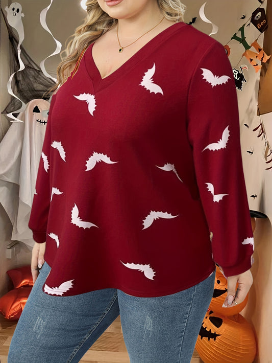 Sixsr Plus Size Halloween Casual Sweatshirt, Women's Plus Bat Print Long Sleeve Crew Neck Slight Stretch Pullover Top