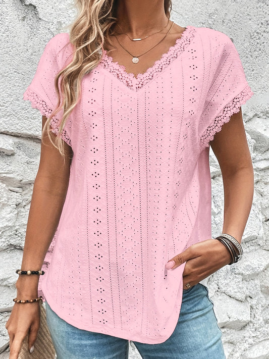 Sixsr Lace Trim Eyelet Blouse, V Neck Loose Casual Top For Spring & Summer, Women's Clothing