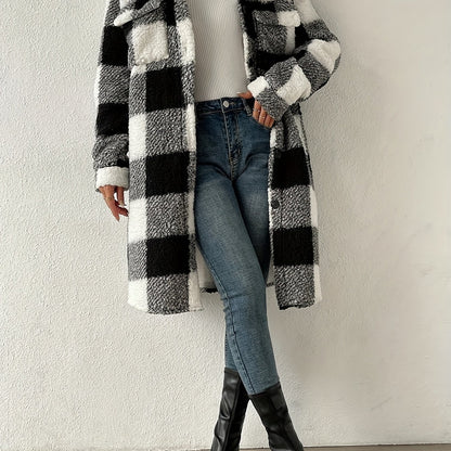 Sixsr Plaid Pattern Teddy Coat, Casual Button Front Long Sleeve Outerwear, Women's Clothing