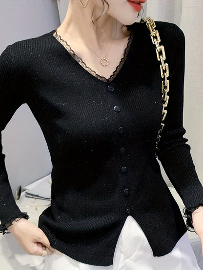 Sixsr Lace V Neck Button Front Knit Cardigan, Elegant Long Sleeve Slim Sweater, Women's Clothing