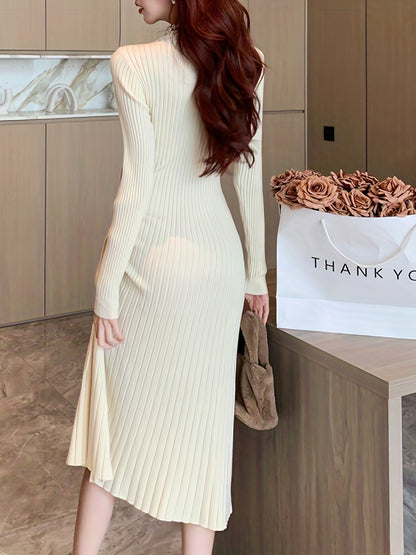 Sixsr Ribbed Drawstring Solid Dress, Elegant Crew Neck Long Sleeve Dress, Women's Clothing