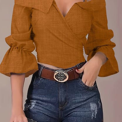 Sixsr  Solid Spaghetti Strap Blouse, Casual Bell Sleeve Surplice Neck Blouse, Women's Clothing