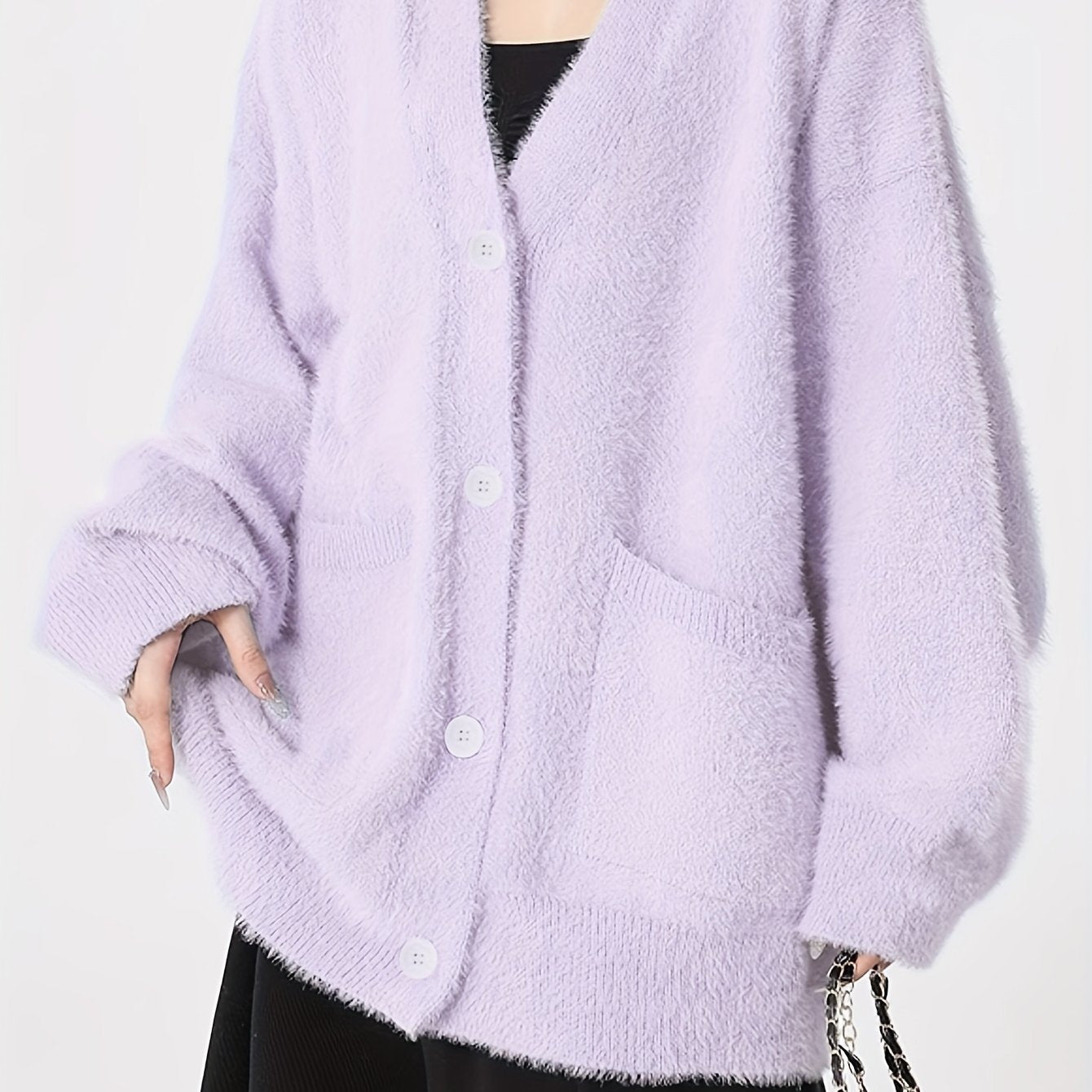 Sixsr Solid Button Front Knitted Cardigan, Casual Simple V Neck Long Sleeve Cardigan With Pockets For Fall & Winter, Women's Clothing