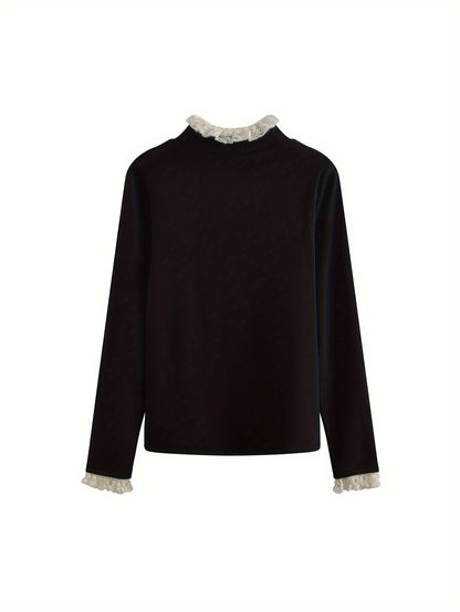 Sixsr Contrast Lace Mock Neck T-Shirt, Casual Long Sleeve T-Shirt For Spring & Fall, Women's Clothing