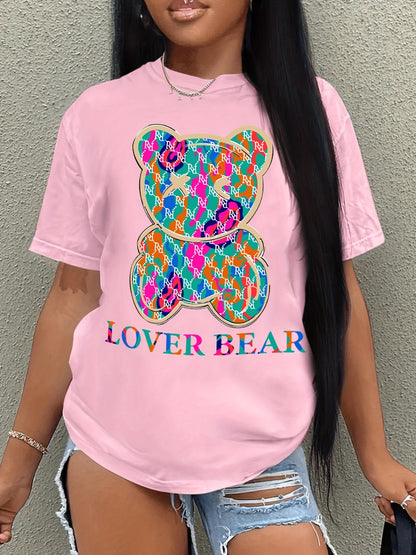 Bear Print Crew Neck T-Shirt, Casual Short Sleeve T-Shirt For Spring & Summer, Women's Clothing