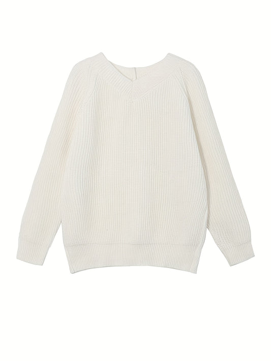 Sixsr Back Button V Neck Sweater, Casual Long Sleeve Sweater For Fall & Winter, Women's Clothing