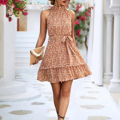 Floral Print Belted Halter Neck Dress, Sleeveless Casual Dress For Summer & Spring, Women's Clothing