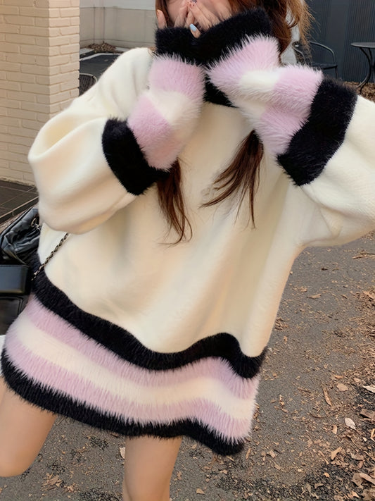 Color Block Drop Shoulder Sweater, Casual Long Sleeve Sweater For Fall & Winter, Women's Clothing