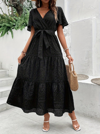 Solid High Waist Dress, Casual Surplice Neck Short Sleeve Maxi Dress, Women's Clothing