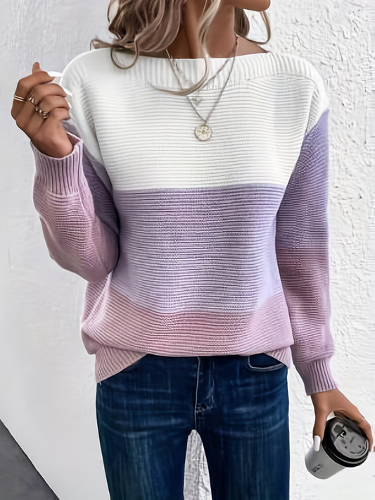 Sixsr Color Block Boat Neck Pullover Sweater, Casual Long Sleeve Loose Sweater, Women's Clothing