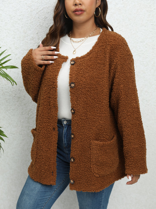 Sixsr Plus Size Casual Coat, Women's Plus Solid Long Sleeve Button Up Plush Teddy Coat With Pockets