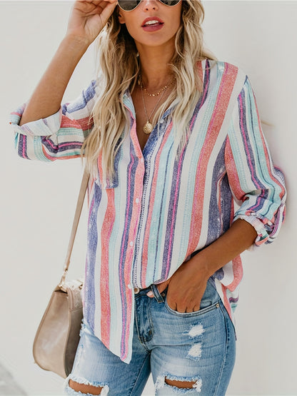 Casual Striped Shirt, Button Up Top For Spring & Fall, Women's Clothing