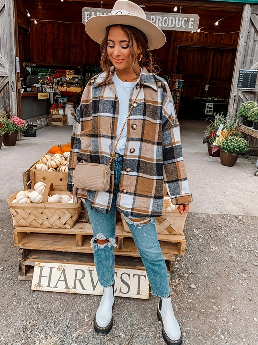 Sixsr Plus Size Casual Coat, Women's Plus Plaid Pattern Long Sleeve Button Up Lapel Collar Shacket