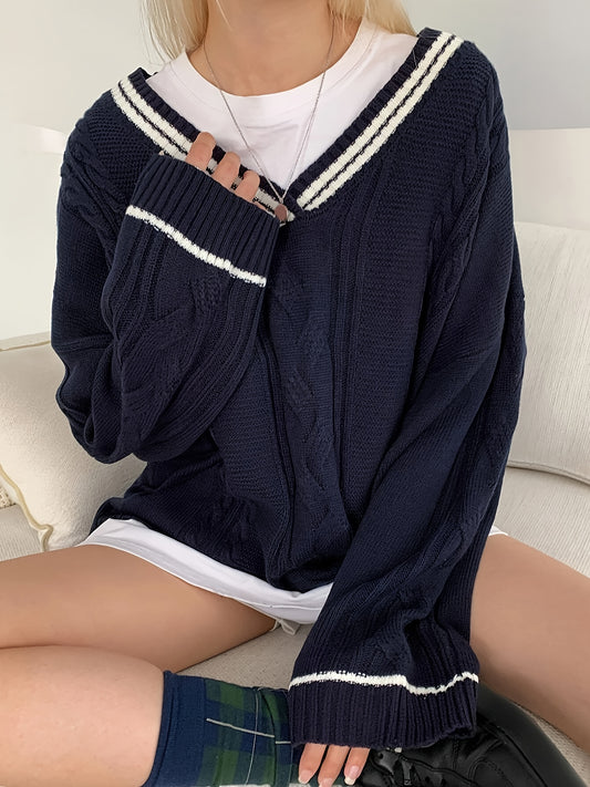 Sixsr Twist V Neck Knitted Pullover Sweater, Casual Long Sleeve Color Block Sweater For Fall & Winter, Women's Clothing