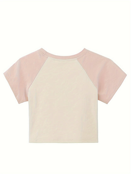 Sixsr Cat Print Crew Neck Crop T-Shirt, Y2K Short Sleeve T-Shirt For Spring & Summer, Women's Clothing