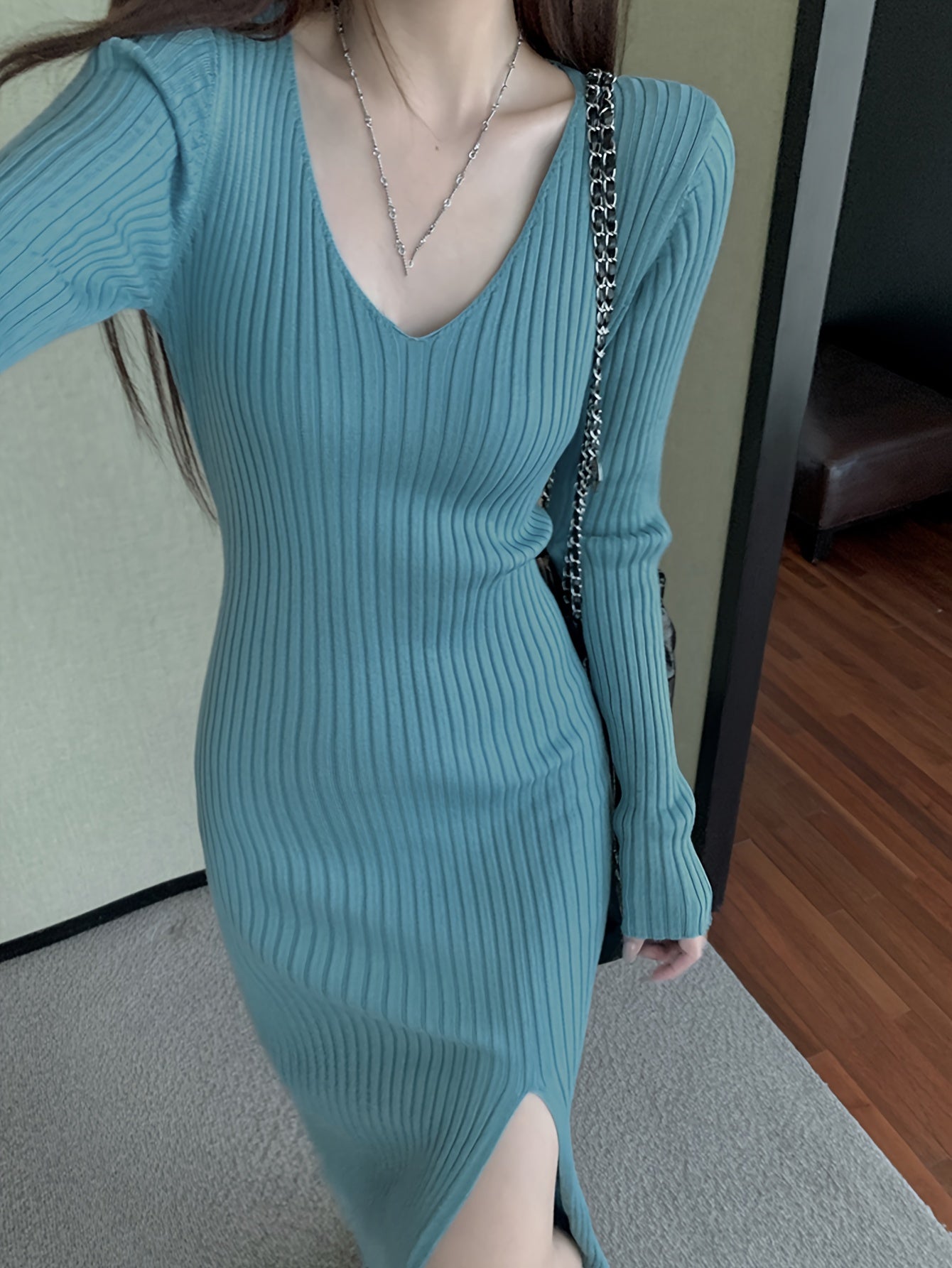 Sixsr Solid Rib-knit Split Hem Sweater Dress, Long Sleeve V-neck Casual Dress, Women's Clothing