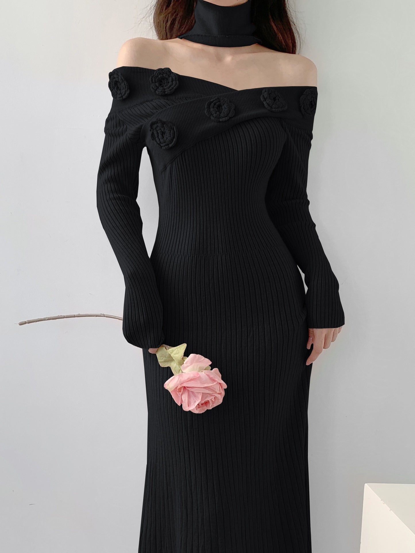 Sixsr Ribbed Floral Decor Dress, Elegant Long Sleeve Bodycon Midi Dress, Women's Clothing