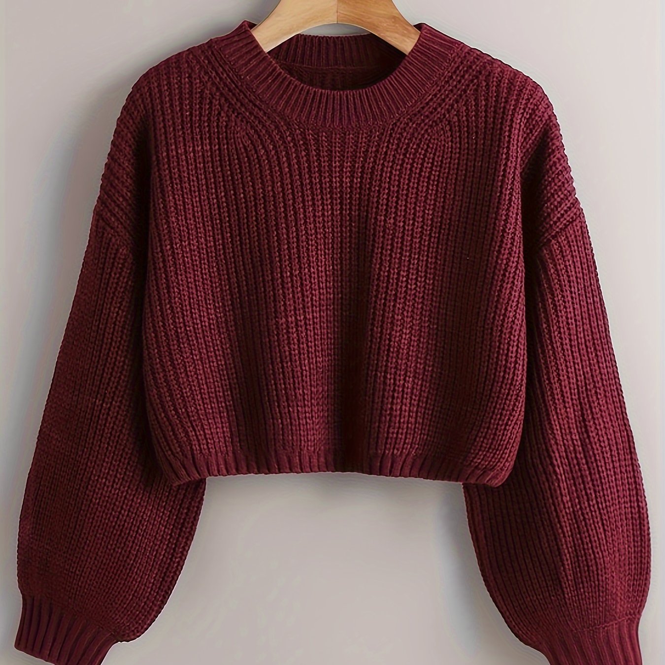 Sixsr Solid Crew Neck Crop Sweater, Casual Lantern Sleeve Comfy Pullover Sweater, Women's Clothing