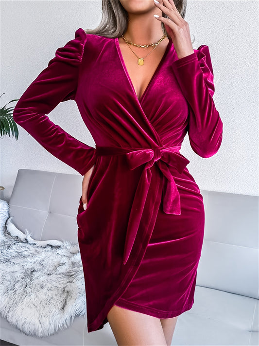Sixsr Solid V Neck Long Sleeve Tie Waist Evening Dress, Sexy Bag Hip Bag Hip Bodycon Party Dress, Women's Clothing