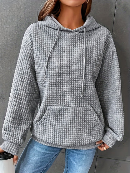 Sixsr Plus Size Casual Sweatshirt, Women's Plus Solid Waffle Knit Long Sleeve Drawstring Hoodie With Giant Pocket