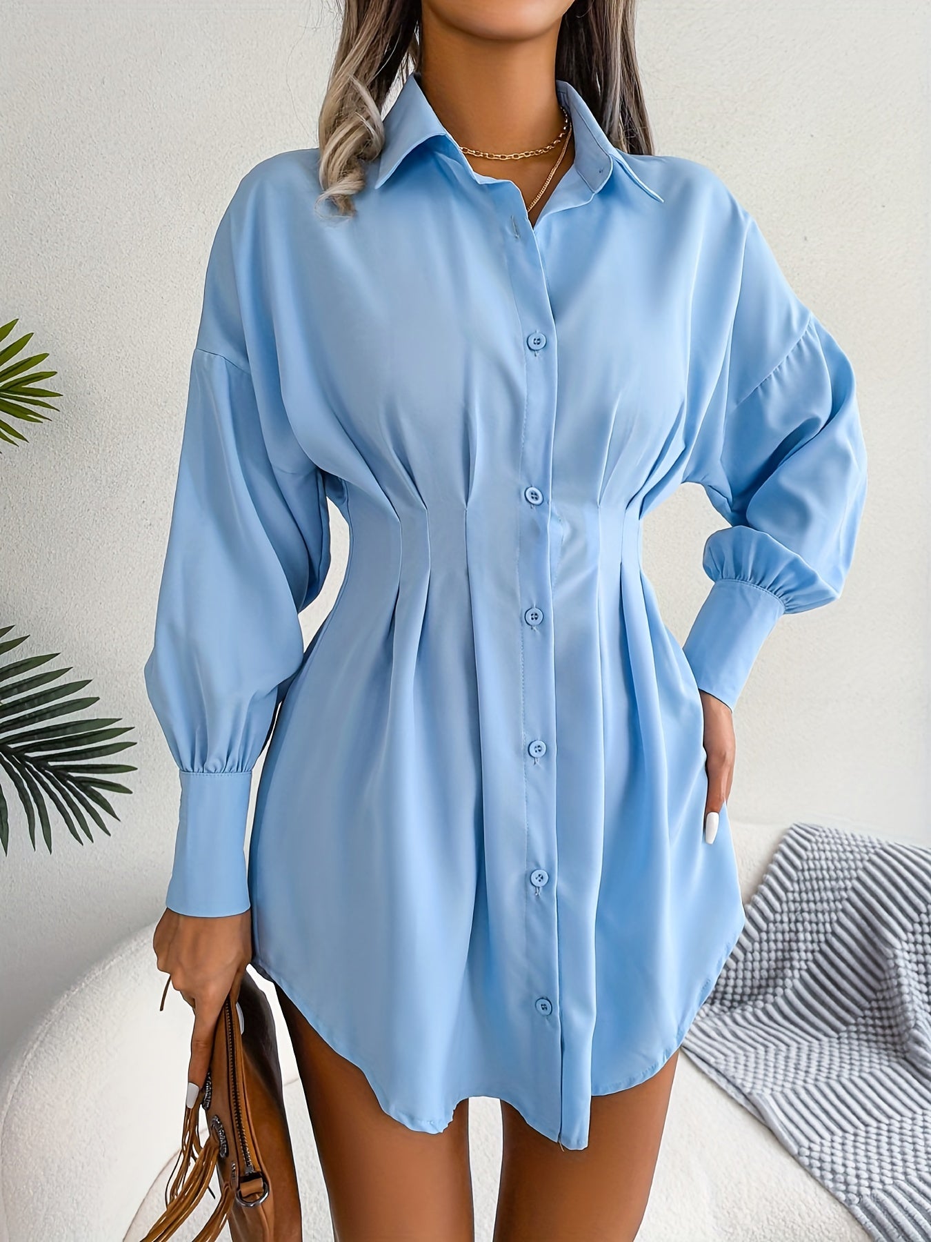 Sixsr Long Sleeve Mini Shirt Dress, Button Up Casual Dress For Fall & Spring, Women's Clothing