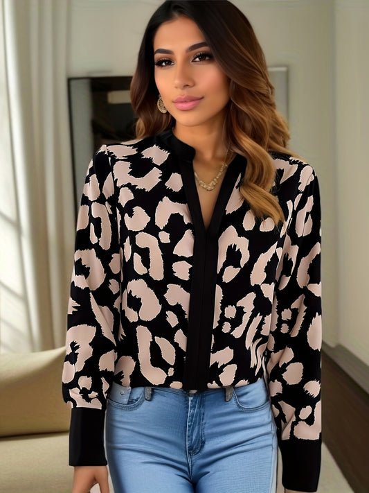 Sixsr All Over Print V Neck Blouse, Casual Long Sleeve Blouse For Spring & Fall, Women's Clothing