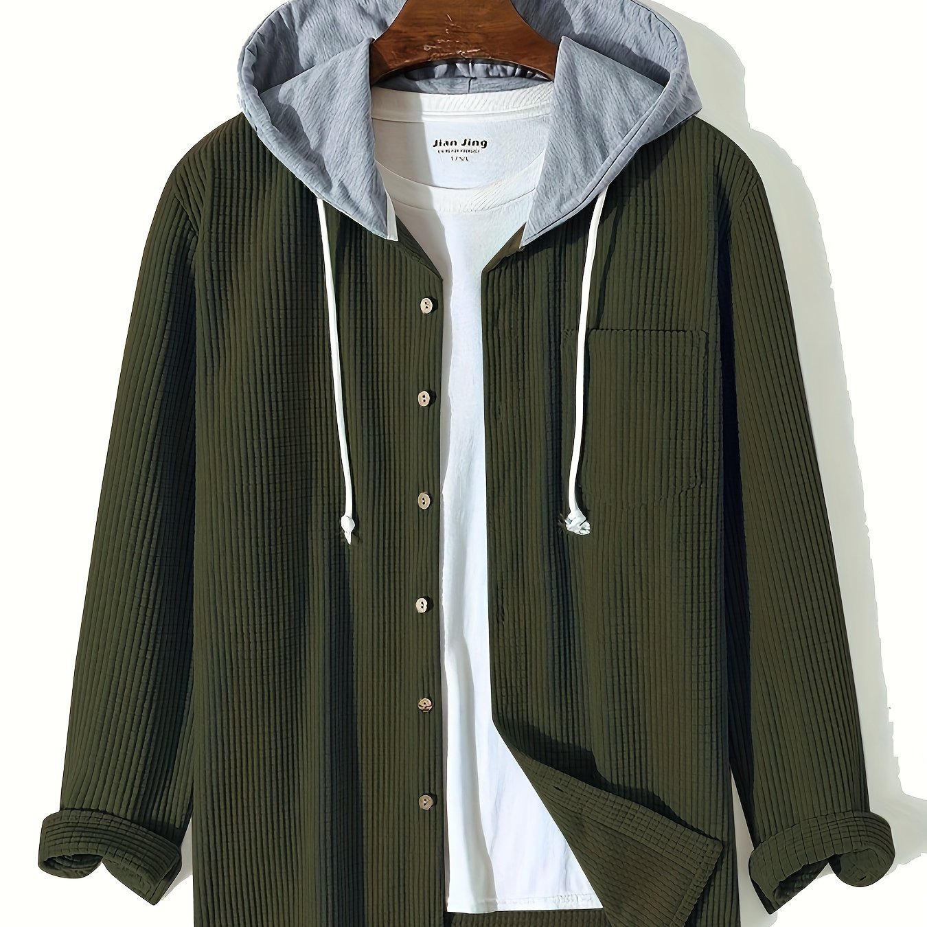 Sixsr Waffle Pattern Hoodie Shirt Coat For Men Long Sleeve Casual Regular Fit Button Up Hooded Shirts Jacket