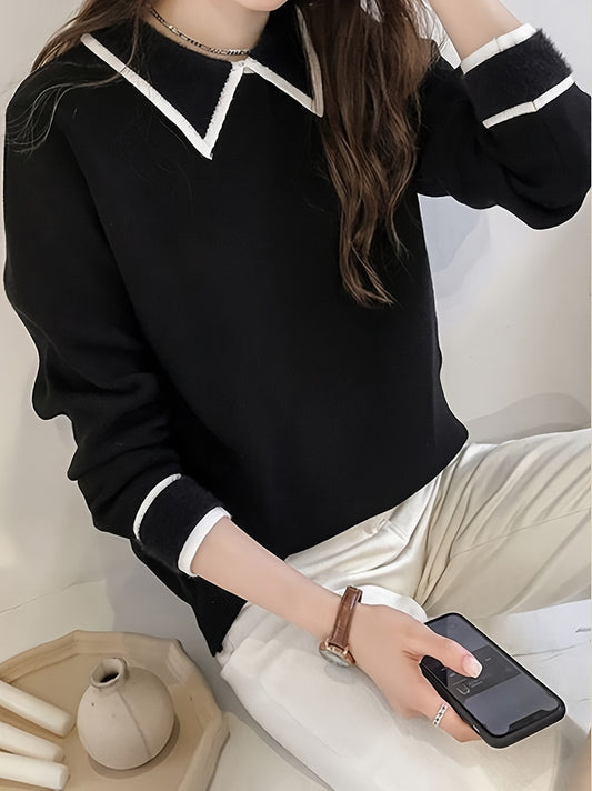 Sixsr Contrast Trim Pullover Sweater, Casual Long Sleeve Drop Shoulder Sweater, Women's Clothing