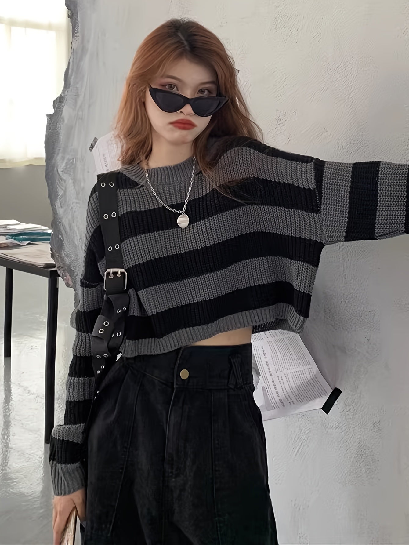 Sixsr Striped Crew Neck Pullover Sweater, Casual Long Sleeve Loose Crop Sweater, Women's Clothing