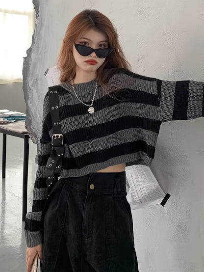Sixsr Striped Crew Neck Pullover Sweater, Casual Long Sleeve Loose Crop Sweater, Women's Clothing
