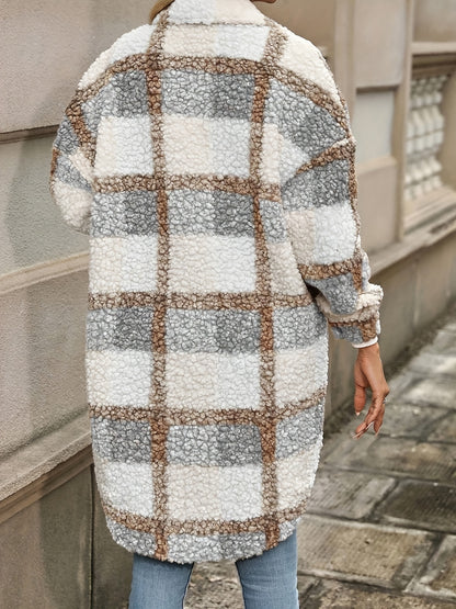 Plaid Pattern Button Front Fuzzy Jacket, Casual Thermal Long Sleeve Long Length Collar Coat For Fall & Winter, Women's Clothing