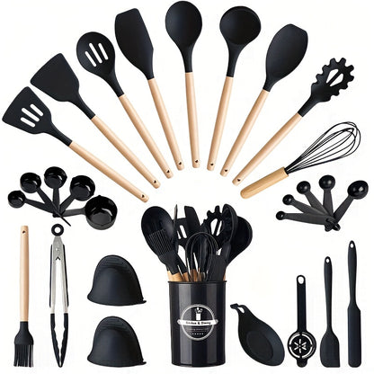 28pcs/set, Non-Stick Silicone Utensil Set with Wooden Handle - Perfect for Cooking, Kitchen, and Dorm Essentials