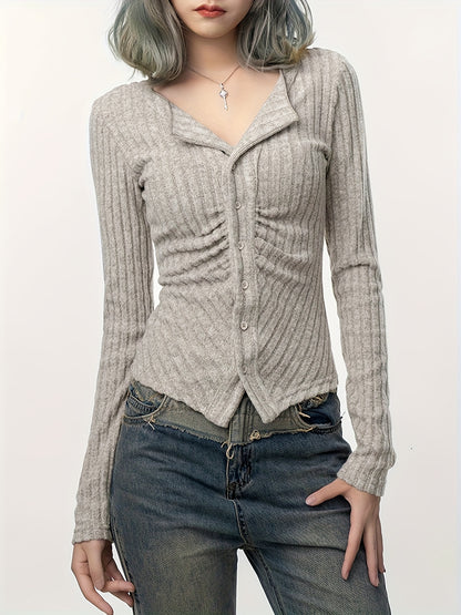 Sixsr Long Sleeve Ribbed T-Shirt, Casual Button Up Top For Spring & Fall, Women's Clothing