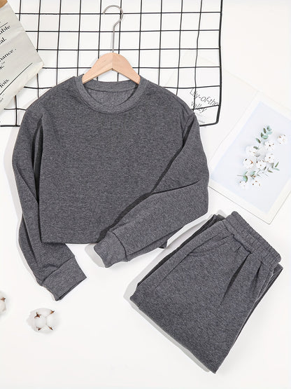 Sixsr 2pcs Long Sleeve Casual Sports Sets, Fleece Liner Crew Neck Pullover Sweatshirt & Casual Loose Sweatpants, Women's Activewear