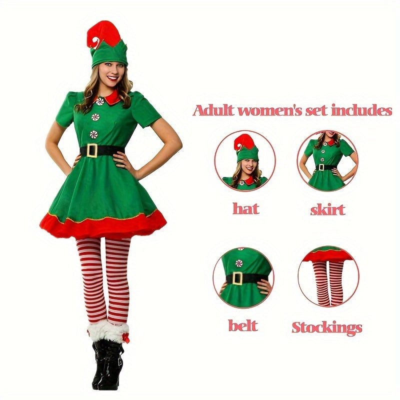 4PCS Women's Christmas Elf Costume Set - Polyester Elf Dress, Hat, Belt, Striped Stockings for Holiday Parties & Halloween - Universal Adult Novelty Outfit without Feathers, No Electricity Required