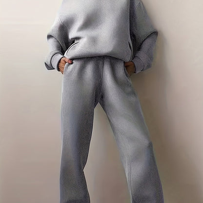 Sixsr Casual Solid Two-piece Set, Drop Shoulder Long Sleeve Hoodies & Elastic Waist Jogger Pants Outfits, Women's Clothing