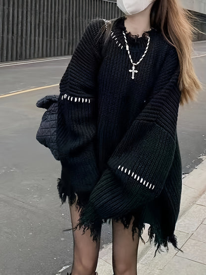 Sixsr Stylish Ripped Crew Neck Oversized Sweater, Distressed Long Sleeve Raw Hem Sweater, Women's Clothing
