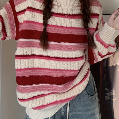 Sixsr Striped Crew Neck Pullover Sweater, Casual Long Sleeve Loose Warm Winter Sweater, Women's Clothing