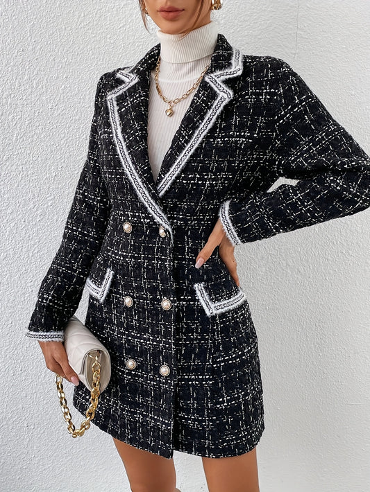 Sixsr Contrast Trim Double Breasted Blazer, Elegant Lapel Long Sleeve Outerwear, Women's Clothing