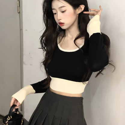 Sixsr Color Block Scoop Neck Knitted Top, Vintage Long Sleeve Crop Fashion Sweater, Women's Clothing
