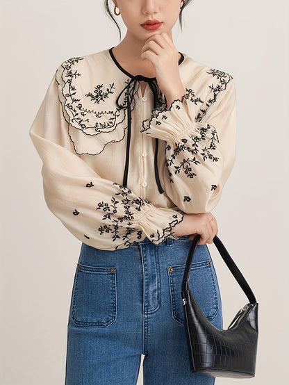 Sixsr Floral Embroidered Button Up Doll Collar Blouse, Long Sleeve Tie Neck Elegant Blouse, Women's Clothing