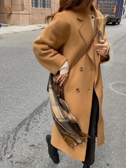 Sixsr Solid Color Double Breasted Lapel Neck Coat, Elegant Loose Long Sleeve Coat For Fall, Women's Clothing