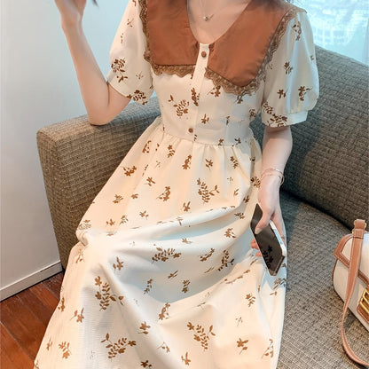 Sixsr Floral Print Doll Collar Dress, Elegant Short Sleeve Waist Slimming Skinny Dress For Summer, Women's Clothing