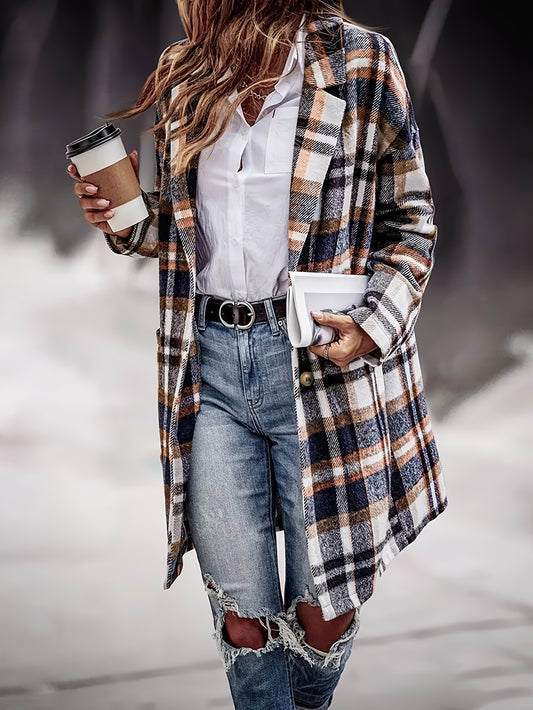 Sixsr Single Breasted Plaid Print Jacket, Casual Lapel Long Sleeve Outerwear, Women's Clothing