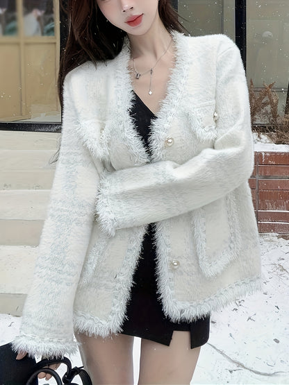 Sixsr Fringe Trim Button Front Coat, Chic Long Sleeve Dual Pockets Cardigan For Fall & Winter, Women's Clothing